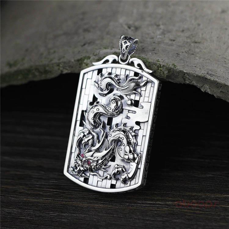 ForFox Pendentif Dragon Chinois Argent Sterling 990 Noir - Bijou Homme Oriental