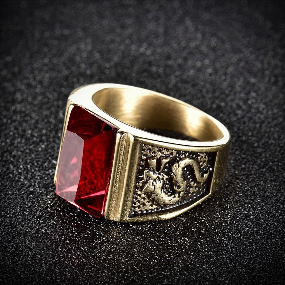 Bague Dragon Pierre Rouge (Acier)