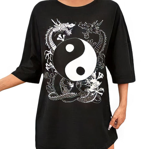 T-Shirt Dragon Chinois Yin Yang Noir et Blanc