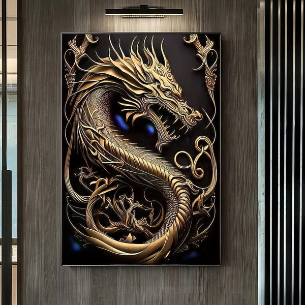 Tableau sur toile Dragon chinois statue en or 