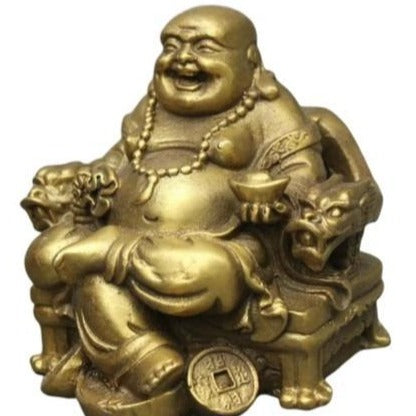 Statue Bouddha rieur et son Dragon en résine - Décoration